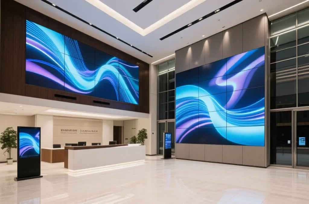 An editorial shot of an elegant corporate office building lobby with high-tech screens showing abstract motion graphics