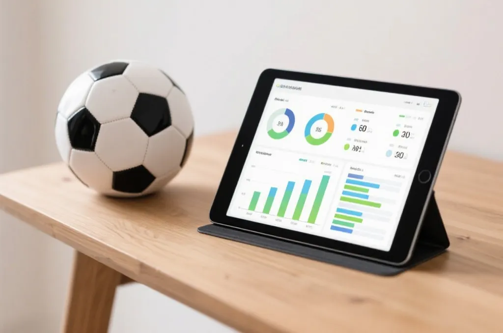A tablet displaying visual sports statistics and data charts with a soccer ball resting on a wooden table beside it, clean corporate style