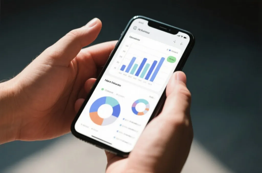 A close-up shot of a person hands holding a smartphone displaying clean statistical data illustrations